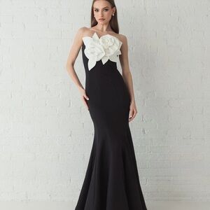 Black Strapless Gown With 3D Flowers